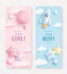 two greeting cards with balloons and stars in the sky, it's a boy and its a girl