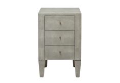 a grey nightstand with two drawers on one side and gold knobs on the other