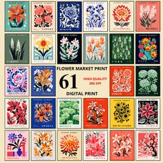 the flower market print poster is shown in multiple colors and sizes, with different flowers on each