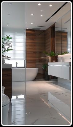 a modern bathroom with large mirror and white bathtub