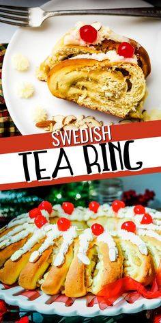 swedish tea ring cake with cherries on top and the title overlay reads, swedish tea ring