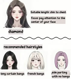 Haircuts For A Long Face Shape, Diamond Shaped Face Makeup, Haircut Diagram Korean, Asian Short Hair Diamond Face, Hairstyle For Diamond Shaped Face, Long Hair For Diamond Shaped Face, Hair Styles For Diamond Face Shape, Diamond Face Short Haircut, Diamond Hairstyles Face Shapes