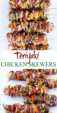 teriyaki chicken skewers are stacked on top of each other