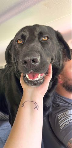 a black dog sitting on top of a person's arm next to a persons hand