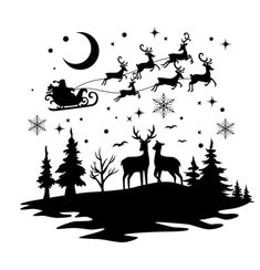 santa's sleigh flying over the forest with reindeers and snowflakes