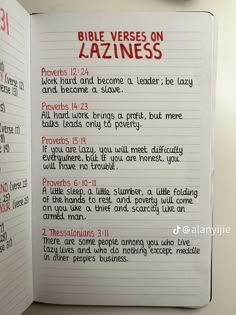 the bible verses on lazineess are written in red and black, along with other words