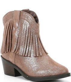 From Steve Madden&#x2C; the Girls' J-Brixby Sparkle Fringe Boots feature: Microsuede upperInside zipper closure for easy on/offJersey liningRubber blend outsoleApprox. 1.5" heel heightImported. Fringe Boots, Girls Shoes Kids, Madden Girl, Girls Boots, Dillard's, Kid Shoes, Kids Shoes, Steve Madden, Bootie Boots