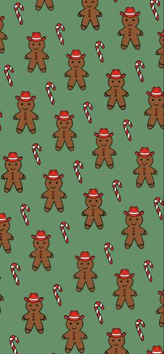 christmas teddy bears with candy canes and hats on green background fabric by the yard