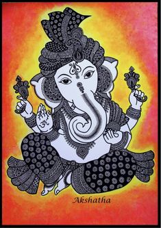 an elephant painted on the side of a painting with orange and yellow background, in black frame