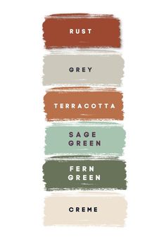 the names of different colors and font on a white background, including green, grey, terracotta, sagen, fern, creme