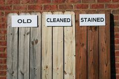 three wooden doors with signs on them that say old, cleaned, stained and uninstalled