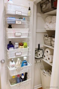 an organized pantry with toiletries and cleaning products