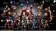 the iron man armors from avengers movie posters, with their names in english and spanish