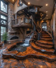 a spiral staircase in the middle of a living room next to a pool and waterfall