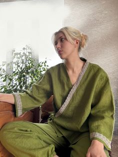 Pure softened linen women's kimono style 2 piece pajama set. Comfortable sleeping environment is made possible by the long sleeves, the relaxed fit, and the kimono styling. These stone washed linen set are great for relaxing around the house or for sleeping in.  Linen is amazingly suitable for hot summer climates because of its cooling and refreshing effect. on the other hand, it has a warming effect in winter. They are available in a range of colors and are perfect for any taste. This loungewea Kimono Pajamas Set, Linen Pajamas For Women, Spring Sets With Relaxed Fit, Spring Sleepwear For Relaxing At Home, Green Linen Relaxed Fit Sets, Green Relaxed Fit Linen Sets, Casual Linen Kimono For Loungewear, Long Sleeve Spring Kimono For Lounging, Spring Kimono With Relaxed Fit