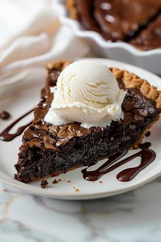 a slice of chocolate pie with ice cream on top