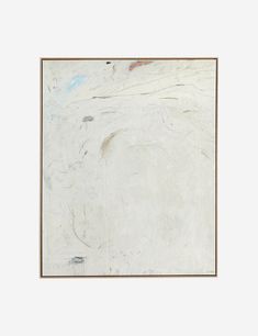 an abstract painting with white paint and brown trim on the edges, in a square frame