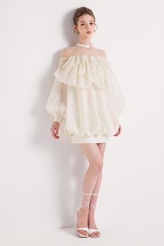 Donna Blouson Ruffle Layer Organza Mini Dress | MEAN BLVD Organza Mini Dress, Satin Ruffle Dress, Butterfly Choker, Dinner Dress Classy, Mean Blvd, Cascading Ruffles, Puff Long Sleeves, Organza Fabric, Dinner Dress