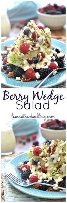 berry wedge salad on a blue plate with berries