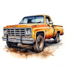 an orange pick up truck painted in watercolor