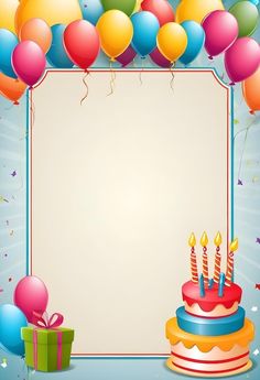 a birthday card with balloons, presents and a large sheet of paper in the center