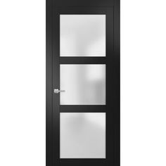 a black door with three glass panels