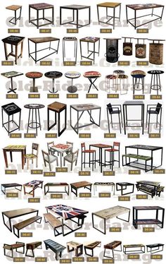 various tables and stools are shown in different sizes, shapes, and colors to choose from