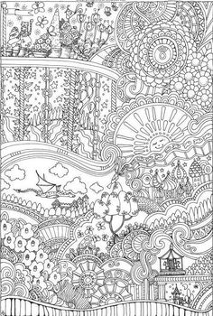 an adult coloring page with lots of different things in the sky and trees on it