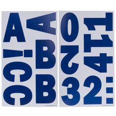 two blue and white stickers that say abc, 3 / 4, 424