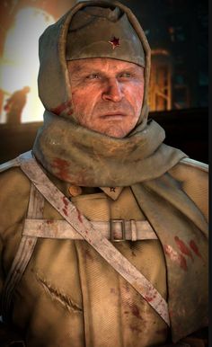 an old man in uniform with blood all over his face