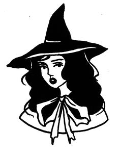 a black and white drawing of a woman wearing a witches hat