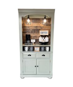 the coffee station is made out of an old cabinet