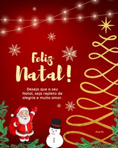 a christmas card with santa claus and snowman in front of a red background that says feli's nati