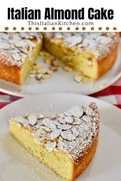 two plates with slices of cake on them and the words italian almond cake above it