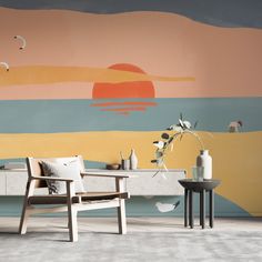 a living room scene with focus on the table and wall painted in pastel colors