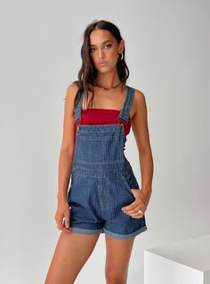 Overalls Pinstripe print, gold-toned hardware, five pocket design, button fastening Non-stretch material, unlined  95% cotton 3% viscose 2% elastane Cold gentle machine wash Cute Overalls Shorts, Overalls Concert Outfit, Pinstripe Overalls, Minions Halloween, Overall Shorts Outfit, Outfit Aesthetics, Overalls Shorts, Wide Leg Shorts, Overalls Outfit