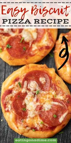 three small pizzas sitting on top of a wooden table with the words easy pizzeria recipe