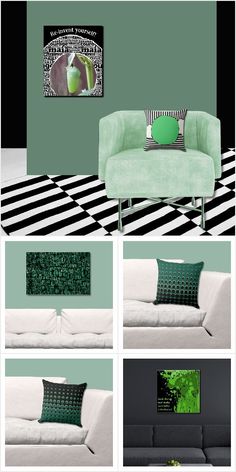 green and black living room with white couches