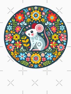 a mouse with flowers on it's head in the middle of a circular frame