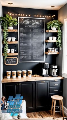 a coffee shop with black walls and wooden shelves on the wall is decorated with greenery