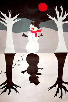 a snowman is standing in the middle of two trees