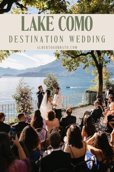 a couple getting married in front of an outdoor wedding ceremony with lake comoo in the background