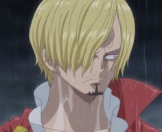 an anime character with blonde hair and blue eyes wearing a red jacket in the rain