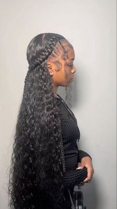 Hairstyle Sew In Black Women, Curly Hair See In, Hair Tutorials Half Up, Swoop With Weave, Cute Hairstyles With Color, Braided Hoco Hairstyles, 22nd Birthday Hairstyles, Hairstyles With Leftover Braiding Hair, Two Braids Hairstyle With Curly Hair