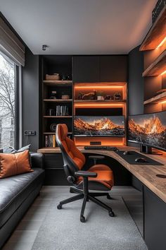 a modern home office with black and orange decor