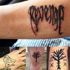 some people with tattoos on their arms and feet, one has the word demon written in black ink