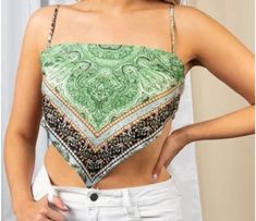 Silky Green Bandana Crop Top 🦚 Brand: Cloud Ten  Size: US Women's Large Condition: New without tags  Adjustable spaghetti straps. Back of the shirt is adjustable (tie into a knot or bow). Not stretchy. Feel free to message me with any questions!  PLEASE NOTE  Our shop does not accept returns. Bohemian Bandana For Spring Vacation, Bohemian Fitted Bandana For Festivals, Bohemian Bandana Print Top For Beach, Summer Cotton Patterned Bandana, Fitted Bohemian Bandana Print Tops, White Cotton Top With Bandana Print, White Cotton Tops With Bandana Print, Bohemian Floral Print Summer Bandana, Multicolor Summer Bandana