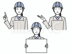 an engineer holding a sign and pointing to the right side, with three different poses