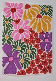 a painting with flowers painted on it in different colors and shapes, including red, yellow, purple, green