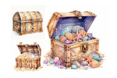 an open trunk with seashells and starfish on the bottom is shown in three different views